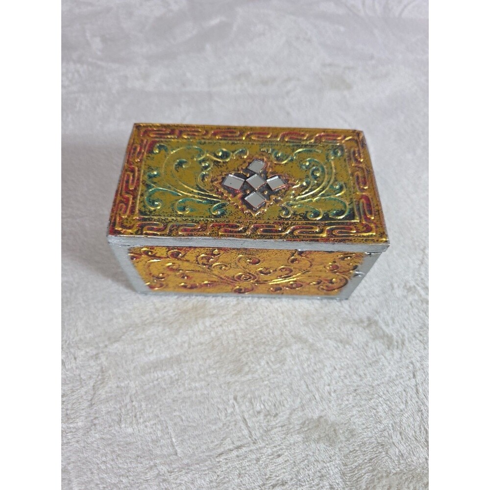 Unbranded Unique Handmade/Painted Trinket Jewelry Wooden Hinged Box Silver Gold